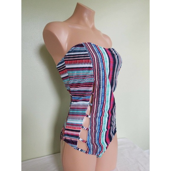 Jessica Simpson dark navy blue cut out bandeau one piece swimsuit size L - Picture 2 of 5